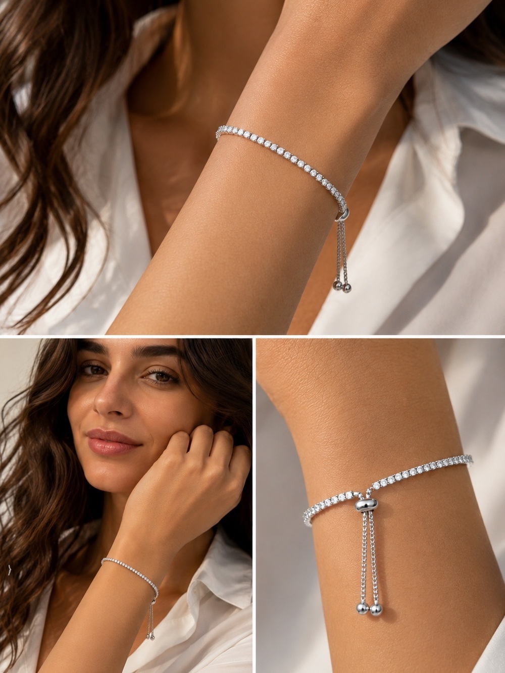 Diamond Tennis Slider Bracelet | Adjustable Silver Crystal Bracelet
